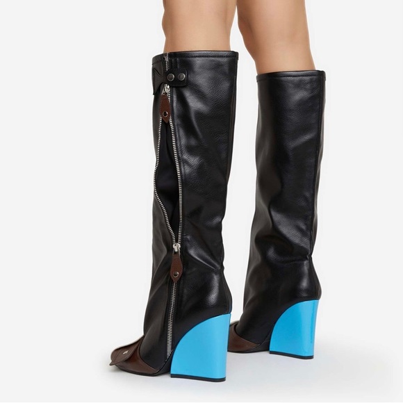 SENNA BUCKLE DETAIL SQUARE TOE BLUE WEDGE HEEL KNEE HIGH BOOT IN BLACK FAUX LEAT - Picture 2 of 12